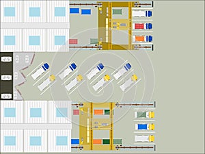 Aerial view, crane loader containers cargo on yard.