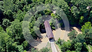 Aerial view of Creek road covered bridge in Ashtabula county, Ohio state
