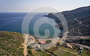 Aerial view on cretan Aliki beach on Mediterannean sea. Crete, Greece