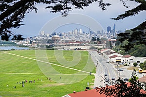 Aerial view of Crissy Field; people playing on the grass photo