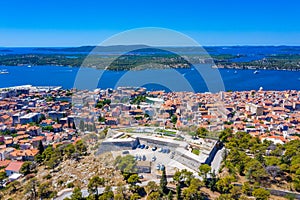 Aerial view of Croatian town Sibenik with Barone fortress and Sveti Ante channel photo