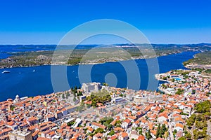 Aerial view of Croatian town Sibenik with Saint michael's fortress and Sveti Ante channel