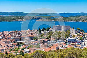 Aerial view of Croatian town Sibenik with Saint michael's fortress and Sveti Ante channel