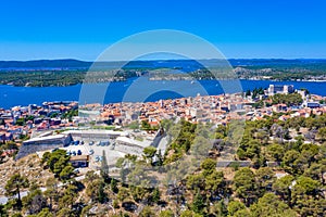 Aerial view of Croatian town Sibenik with Saint michael's fortress, Barone Fortress and Sveti Ante channel photo