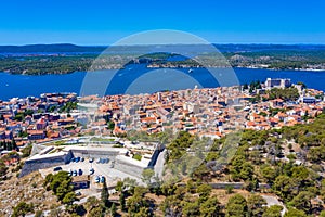 Aerial view of Croatian town Sibenik with Saint michael's fortress, Barone Fortress and Sveti Ante channel photo