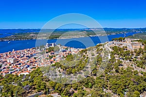 Aerial view of Croatian town Sibenik with Saint michael's fortress, Saint John's Fortress and Sveti Ante channel