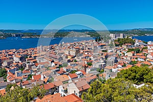 Aerial view of Croatian town Sibenik with Saint michael's fortress, Saint John's Fortress and Sveti Ante channel