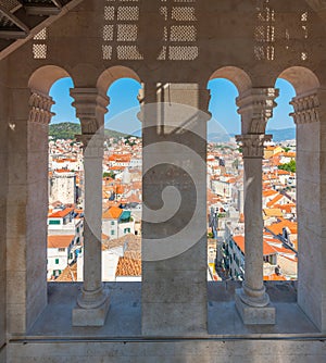 Aerial view of croatian town Split through a windiw of the cathedral