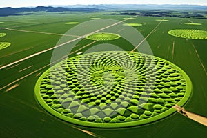 an aerial view of crop circles in a green wheat field