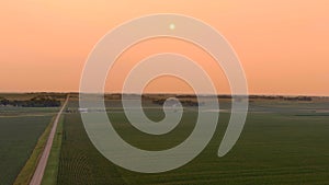 Aerial view of crops and countryside at sunset in South Dakota