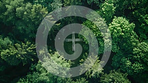 Aerial View of a Cross in a Green Forest A Perspective of Emotional Naturalism