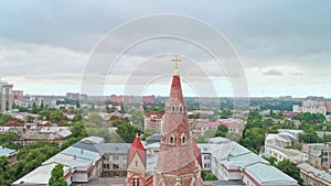 Aerial view of the cross on spire of Odessa Lutheran St. Paul`s Cathedral, German Evangelical Lutheran Church of Ukraine