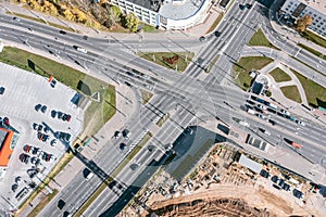 Aerial view of crossroad with car traffic. city infrastructure from above