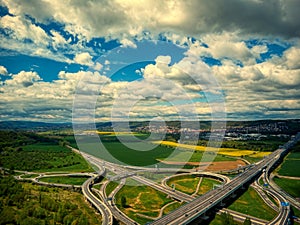 Aerial view of crossroads under clouds near zbraslav summer