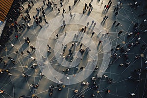 Aerial view of crowd people connected by lines, social media and communication concept