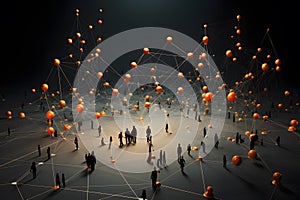 Aerial view of crowd people connected by lines, social media and communication concept