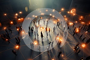 Aerial view of crowd people connected by lines, social media and communication concept