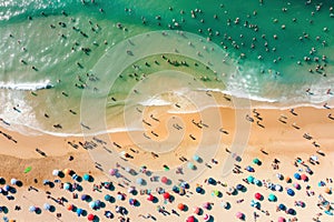 Aerial view crowded beach. Generate Ai