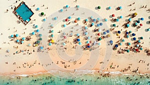 Aerial View Of A Crowded Beach With Sunbathers And Swimmers :Bird\'s Eye (Generative AI)