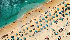 Aerial View Of A Crowded Beach With Sunbathers And Swimmers :Bird\'s Eye (Generative AI)