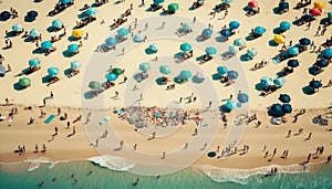 Aerial View Of A Crowded Beach With Sunbathers And Swimmers :Bird\'s Eye (Generative AI)