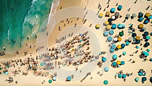 Aerial View Of A Crowded Beach With Sunbathers And Swimmers :Bird\'s Eye (Generative AI)