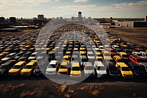 Aerial view of a crowded parking lot overflowing with numerous cars and vehicles