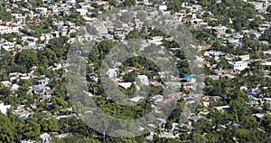 Aerial view of crowded shacks in the Dominican Republic.