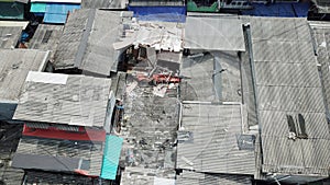 Aerial view of crowded slum house rooftop