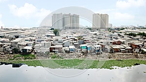 Aerial view of crowded slum neighborhood