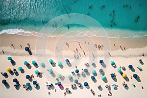 Aerial view of crowded white sand beach with people sunbathing and swimming during summer holiday. Generative AI.