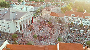 Aerial view of crowds celebrating Lithuanian Statehood Day, Vilnius, Lithuania