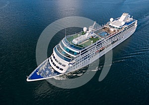 Aerial view of cruise liner sailing in the sea