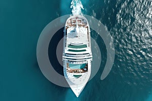 aerial view, cruise liner ship navigating open ocean sea, swimming pool, relaxation and adventure