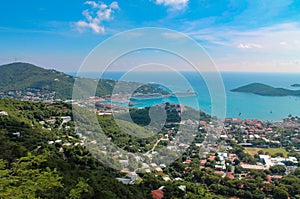 Aerial view of the Cruise Ship Harbor of St. Thomas an island of the US Virgin Islands in the Caribbean.