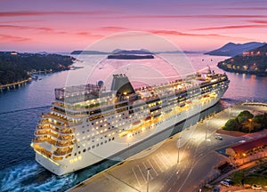 Aerial view of cruise ship in port at night in Dubrovnik