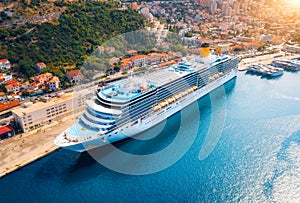 Aerial view of cruise ship in port at sunset in Dubrovnik