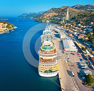 Aerial view of cruise ship in port at sunset in Dubrovnik