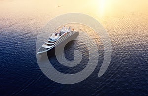 Aerial view on cruise ship during sunset. Adventure and travel. Landscape with cruise liner on Mediterranean sea. Luxury cruise.