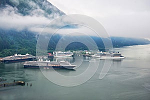 Aerial view of cruise ships at port in Juneau, Alaska