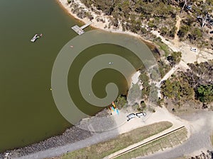 Aerial view of Crusoe Reservoir in Bendigo, Victoria, Australia.