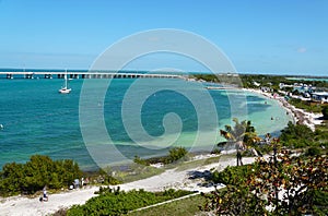 The aerial view of the crystal clear blue water by the beach at Bahia Honda State Park, Big Pine Key, Florida