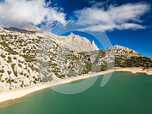 Aerial view of Cuber lake in Mallorca on a sunny day