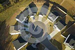 Aerial view of cul de sac at neighbourhood road dead end with densely built homes in South Carolina residential area