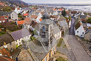 Aerial view of Culross town with it`s beautiful 17th century Palace, the merchant`s house and traditional Scottish cottages