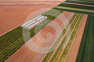 Aerial view of cultivated field with plastic greenhouse