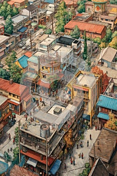 aerial view of a culturally diverse cityscape