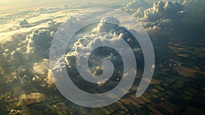 Aerial View of Cumulus Clouds Over a Patchwork of Fields