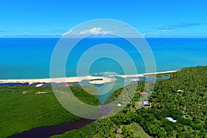 Aerial view of Cumuruxatiba beach, Prado, Bahia, Brazil