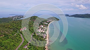 Aerial view of curve road along the seashore at Phuket Thailand beautiful seacoast and open sea in summer season Nature recovered